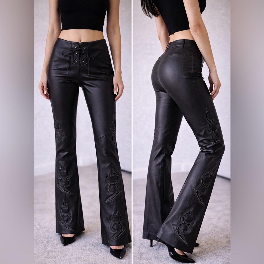 bebe Black Leather Low-Rise Lace-Up Bootcut Pants | Y2K | Size 8